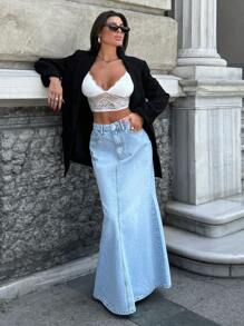 RueChic 100% Cotton High-Waisted Extra Long Non-Stretch Flare Denim Skirt - Light Wash - View 5