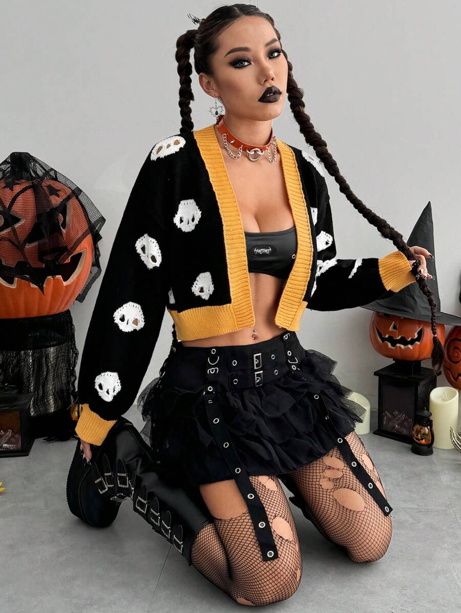 SHEIN Unity Women Autumn Halloween Colorblock Skull Pattern Cardigan, Fall Winter Clothes - Black - View 1