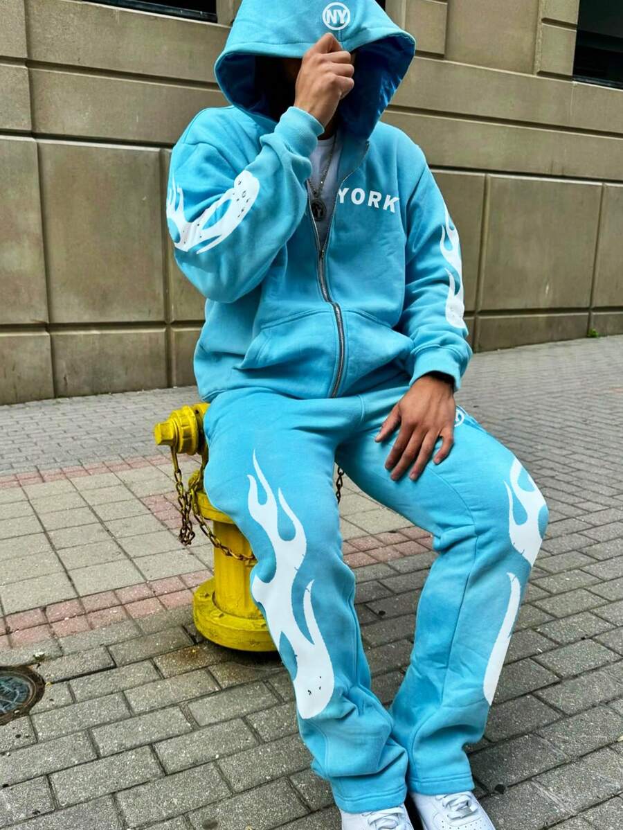 Manfinity EMRG Letter & Flame Print Zip-Up Hoodie And Drawstring Sweatpants Casual Set, Men Sweatsuit Set, Men 2 Piece Set, Blue Sweatsuit - Baby Blue - View 1