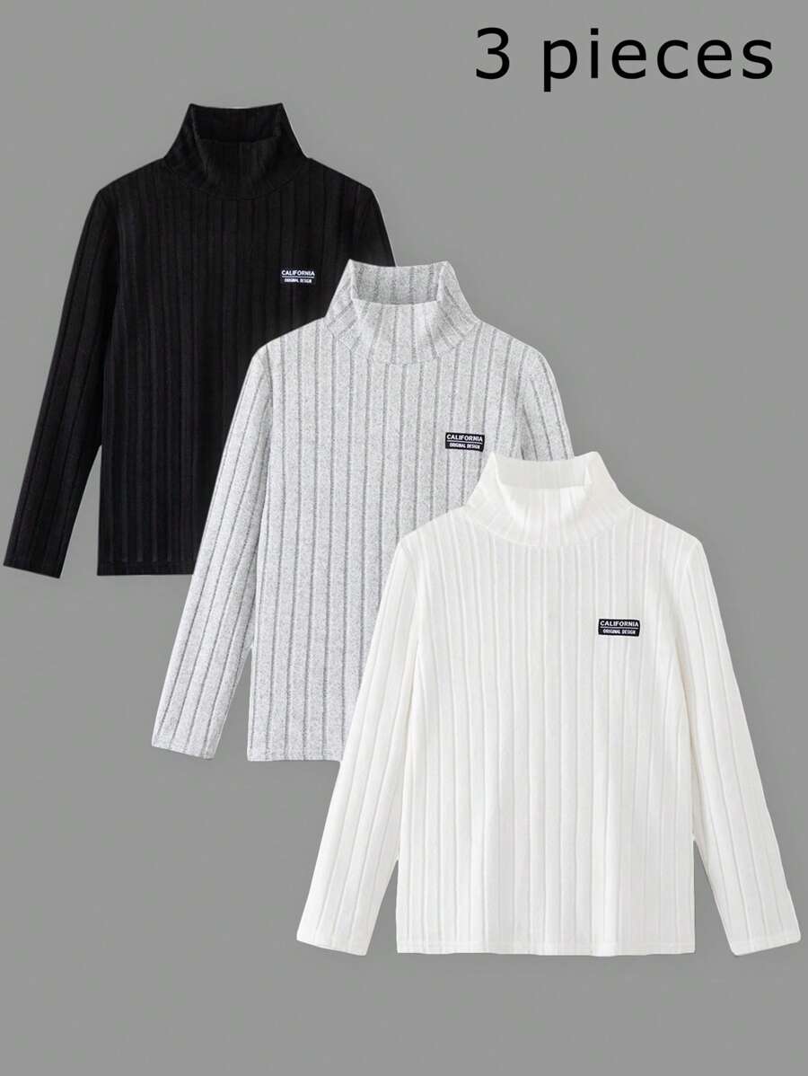 SHEIN 三件套男童服装，纹理面料圆领T恤，适合开学第一天搭配连帽衫、衬衫、卫衣、运动裤和外套。 - 彩色 - 查看 1