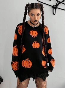 Flirla Funny Pumpkin Pattern Sweater For Halloween