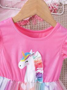SHEIN Young Girl Spring/Summer Unicorn Print Mesh Splice Dress Summer Holiday - Hot Pink - View 4