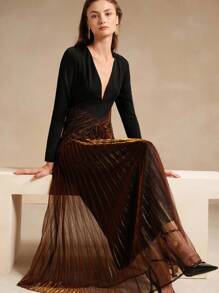 Anewsta 春秋优雅长袖 V 领金属拼接褶皱连衣裙长款女装 - 黑色 - 查看 1