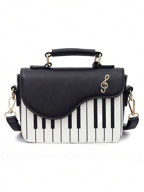 Mini Piano Key Pattern Flap Square Bag Piano Guitar Music Notes Handbag, Creative PU Leather Tote Bag, Crossbody Bag For Women Girls