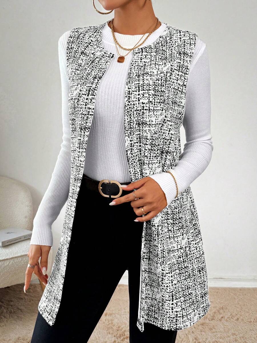 SHEIN Essnce Women's Spring/Autumn Casual All-Over Print Vest Jacket - White - View 1