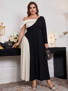 Modelyn Plus Size Black And White Color Block Asymmetric Neck Dress For Women,Elegant Autumn Dinner A Line Maxi Dresses For Evening Party,Wedding Guest Outfit - Multicolor - View 5