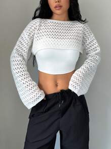 Lunelith SHEIN Lunessa Suéter corto casual y sexy de mujer, holgado y tejido con diseño hueco, para primavera y verano