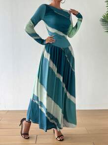 SHEIN Clasi Elegant Random Tie-Dye Ruched A-Line Casual Dress For Daily Wear, Spring Autumn - Green - View 6