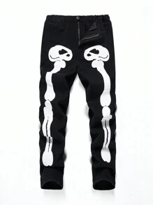 SHEIN Explorewe Quần Jeans Ống Thẳng Đen Trắng In Hình Đầu Lâu Phong Cách Halloween Cho Bé Trai Tuổi Teen - màu đen - Xem 1