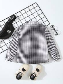 Young Boy Casual Black & White Plaid Long Sleeve Pocket Shirt, Spring & Fall - Black and White - View 2
