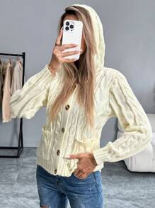 SHEIN LUNE Casual Solid Color Hooded Cardigan With Dual Pockets, Spring Autumn