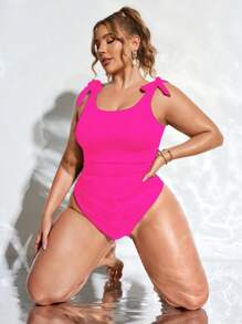 Swim Lushoire Đồ bơi liền thân màu trơn cỡ lớn 1 mảnh xếp nếp, phong cách nghỉ mát bãi biển mùa hè - Màu Hồng Tươi - Xem 4