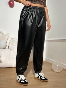 SHEIN EZwear Plus Size Fashionable Elastic Waist PU Jogger Pants For Early Autumn - Black - View 3