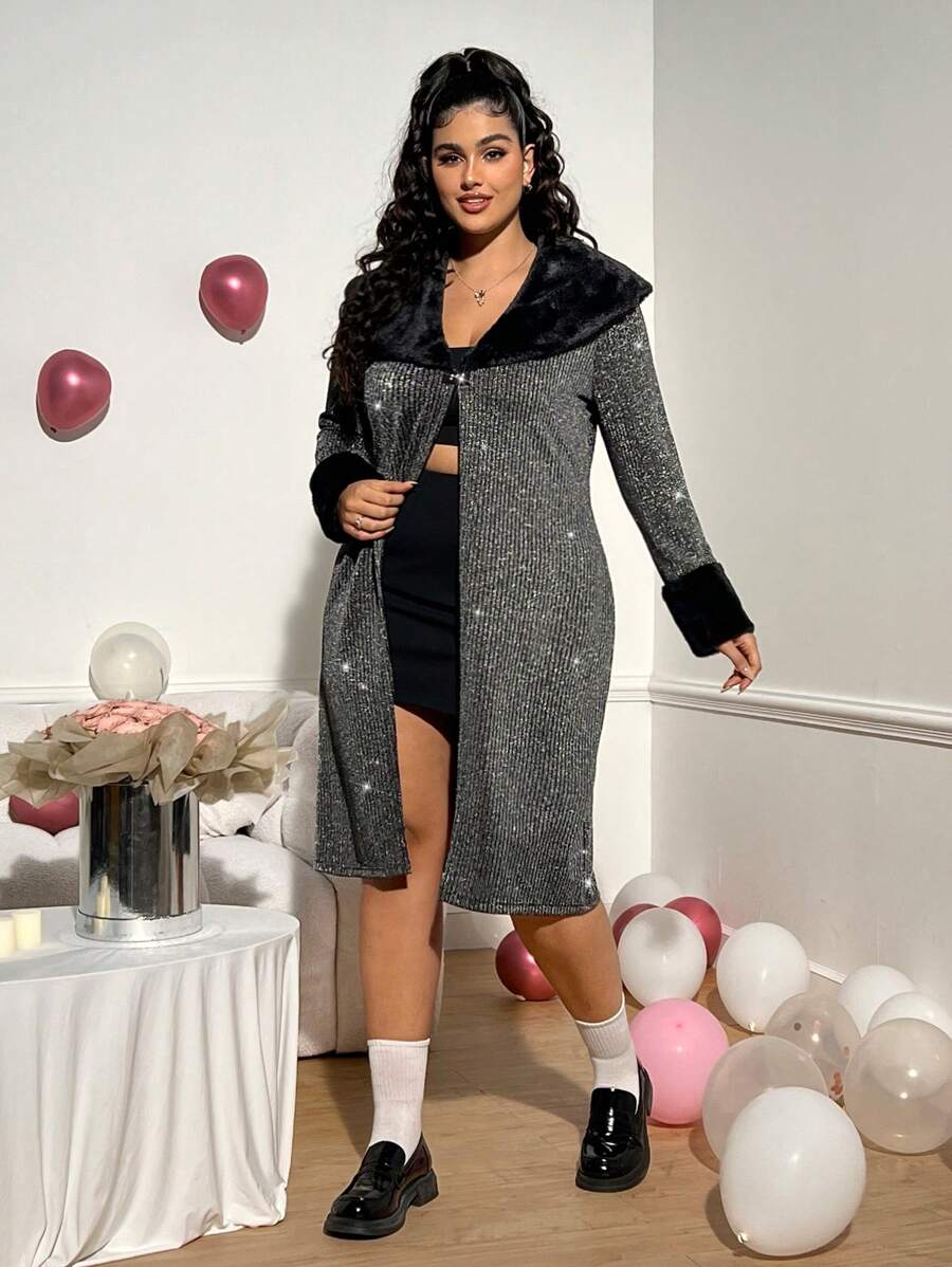 SHEIN EZwear Chaqueta abultada con efecto lentejuela y empalmes, talla grande, para otoño - Multicolor - Ver 1