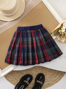 SHEIN Genkimix Kids 圣诞节年轻女孩经典格子百褶裙，带蝴蝶结，红色和蓝色格子休闲校园日常穿着裙子，适合圣诞节和日常场合 - 彩色 - 查看 2