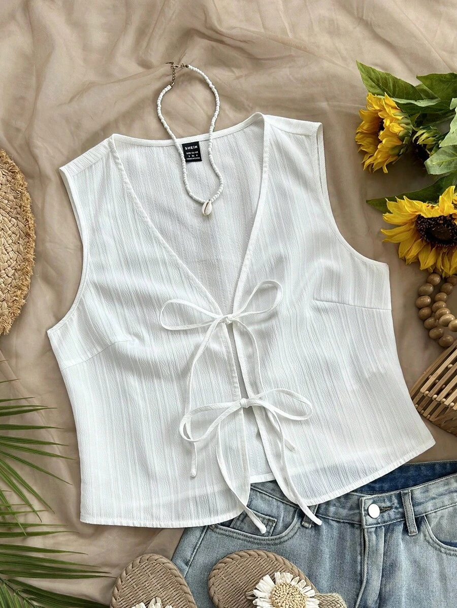 Soleia 女士白色纹理编织系带休闲吊带背心上衣，分层单品 - 白色 - 查看 1