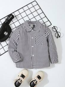 Young Boy Casual Black & White Plaid Long Sleeve Pocket Shirt, Spring & Fall - Black and White - View 1