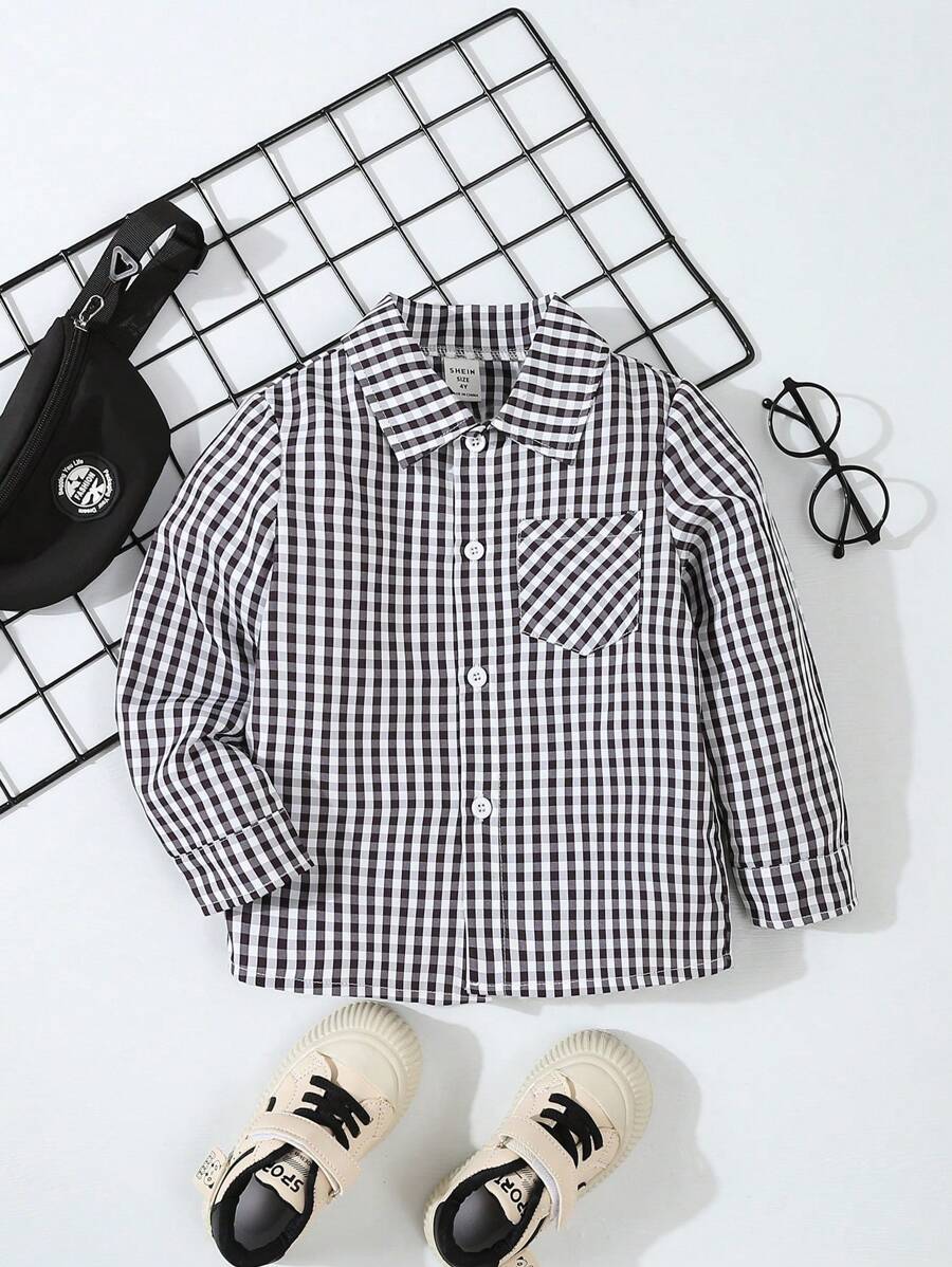 Young Boy Casual Black & White Plaid Long Sleeve Pocket Shirt, Spring & Fall - Black and White - View 1