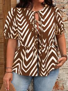 Flirla Plus Size Casual All-Over Print Puff Sleeve Shirt - Coffee Brown - View 5