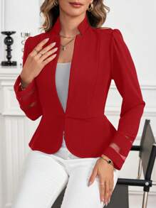 Solid Color Mesh Patchwork Long Sleeve Casual Jacket, Everyday Wear - Red - View 7
