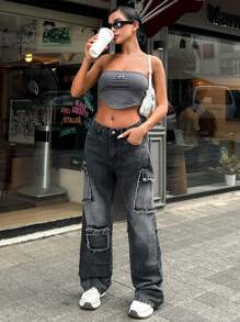 EURMUSE Women's Button Belt Loops Fashion Mid-Rise Raw Edge Three-Dimensional Pocket Wide-Leg Overalls - Dark Grey - View 6