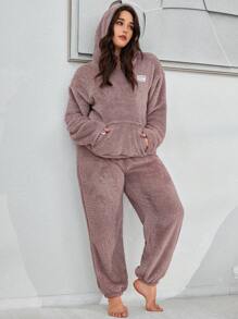 SHEIN Hooded Solid Color Plush Fluffy Pajama Set With Front Pockets, Plus Size, Fall Winter Clothes, Cozy Outfit - Mauve Purple - View 1