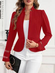 Solid Color Mesh Patchwork Long Sleeve Casual Jacket, Everyday Wear - Red - View 3