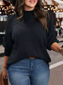 SHEIN LUNE Plus Size Solid Color Round Neck Long Sleeve Simple Casual Pullover Sweater, For Winter Knit Pullover Fall Outfit