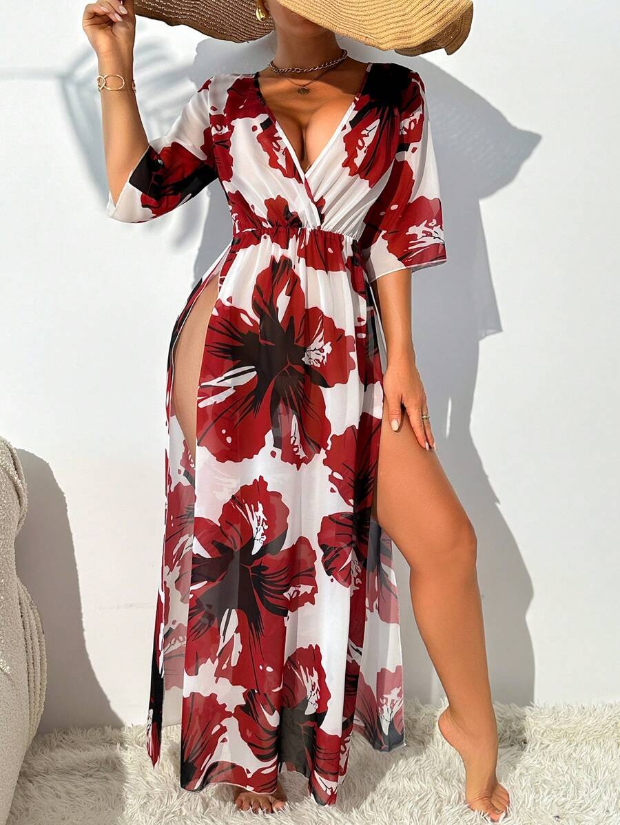 SHEIN Swim Vestido-pareo de playa con estampado floral para el verano - Rojo y blanco - Ver 1