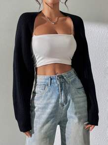 SHEIN PETITE Short Style Casual Loose Cardigan,Long Sleeve Tops - Black and White - View 4