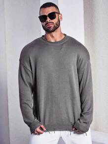 Manfinity Homme Sweater Kasual Pria Ukuran Besar Warna Polos dengan Bahu Longgar, Sweater Abu-abu Musim Semi dan Gugur - Grey - View 1