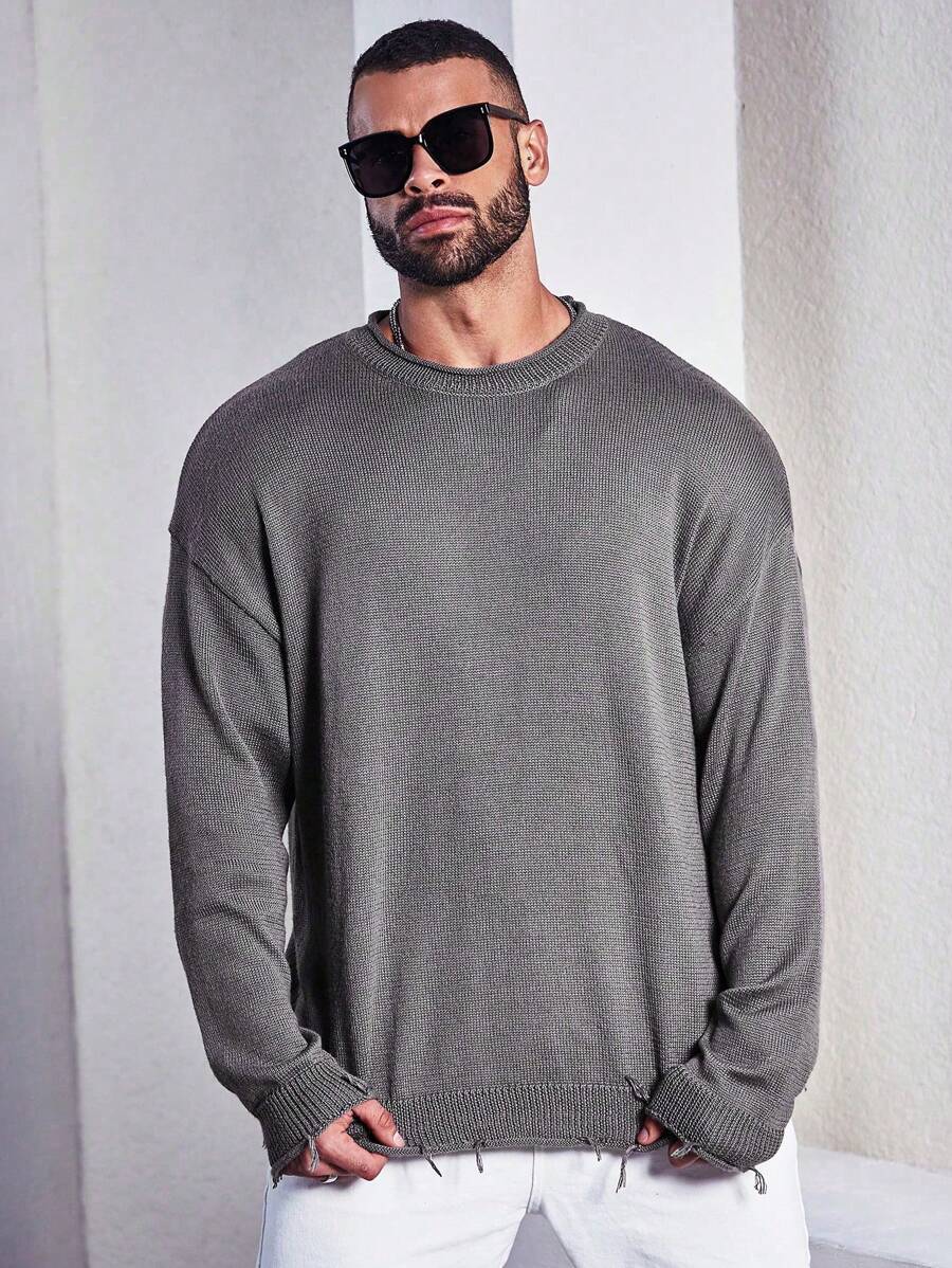 Manfinity Homme Sweater Kasual Pria Ukuran Besar Warna Polos dengan Bahu Longgar, Sweater Abu-abu Musim Semi dan Gugur - Grey - View 1
