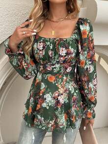 印花休閒長袖上衣，腰部收緊設計 - 綠色 - 查看 3