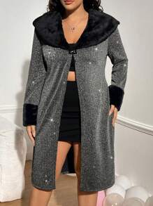 SHEIN EZwear Chaqueta abultada con efecto lentejuela y empalmes, talla grande, para otoño - Multicolor - Ver 4