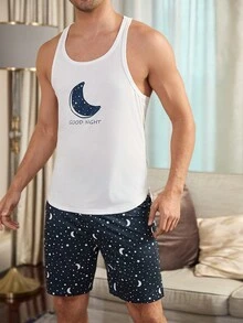 Conjunto de pijama de camiseta de tirantes y pantalones cortos con estampado de estrellas y lunas para hombres - Multicolor - Ver 5