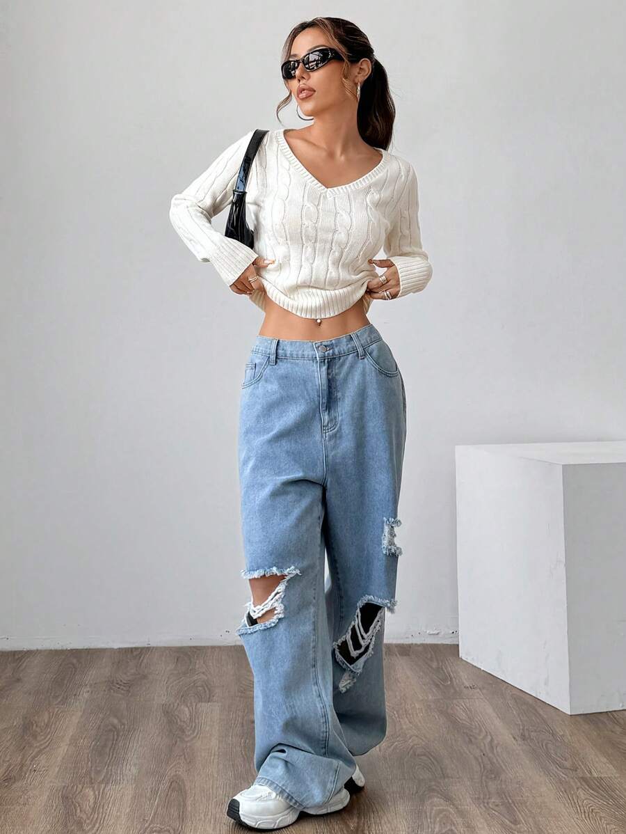 SHEIN Unity V-Neck Cable Knit Sweater,Long Sleeve Tops, Knit Pullover Fall Winter - White - View 1