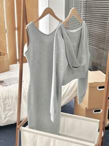 SHEIN Unity 2 sztuki/zestaw Wiosna Jesień Swobodny Jednolity Kolor Długi Rękaw Top I Sukienka Bez Rękawów Garnitur - Szary - Zobacz 2