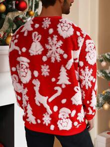 家庭装圣诞运动衫，男士休闲圣诞老人驯鹿雪花全身印花长袖圆领套头衫，冬季时尚家庭节日装 - 紅色 - 查看 2