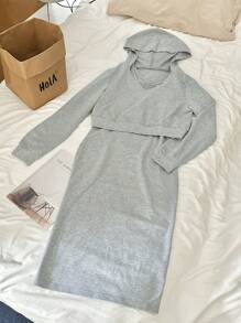 SHEIN Unity 2 sztuki/zestaw Wiosna Jesień Swobodny Jednolity Kolor Długi Rękaw Top I Sukienka Bez Rękawów Garnitur - Szary - Zobacz 5