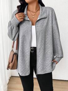 SHEIN LUNE Áo khoác họa tiết kim cương trơn thường ngày cỡ lớn, mùa thu - Xám - Xem 5