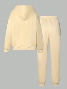 Bộ 2 áo hoodie và quần nỉ in hình gấu & chữ cho bé gái tuổi teen - Màu Khaki - Xem 2