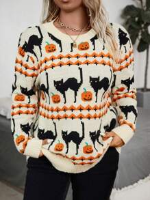 Calvaya Suéter Plus Size Estampado de Halloween para Outono, Pulôver de Tricô para Outono e Inverno - Multicolorido - Ver 3