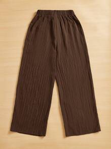 SHEIN Essnce 女式系腰纹理阔腿七分裤，休闲夏季 - 咖啡棕 - 查看 2