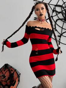Flirla 万圣节双色条纹露肩紧身毛衣连衣裙 - 彩色 - 查看 6