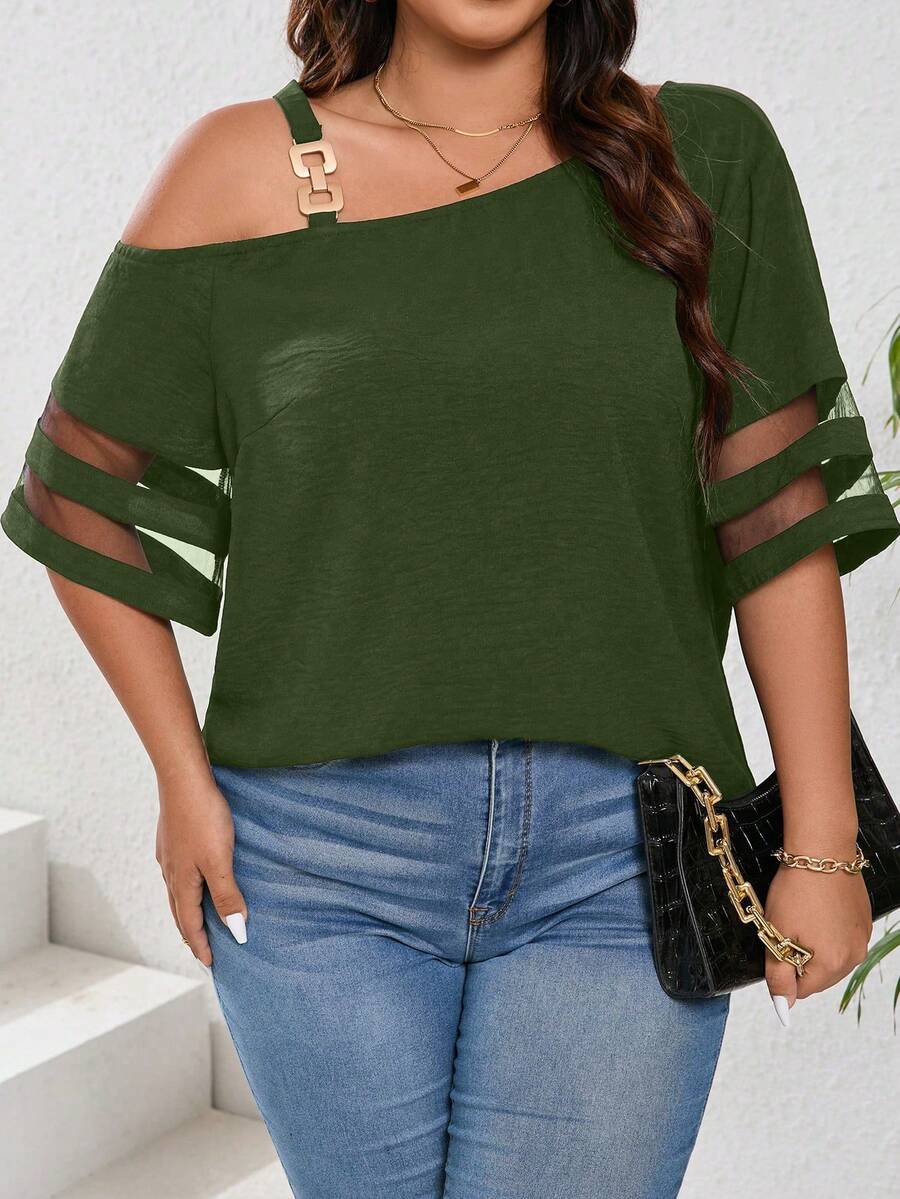 SHEIN LUNE Áo cánh thường ngày cỡ lớn không đối xứng lưới tương phản, mùa xuân và mùa hè - xanh quân đội - Xem 1