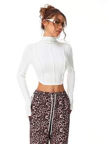 Muchica 女士秋冬街头休闲毛绒针织开叉设计高领白色长袖上衣 - 白色 - 查看 6