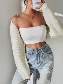 SHEIN PETITE Short Style Casual Loose Cardigan,Long Sleeve Tops - Black and White - View 5