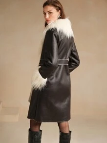 SHEIN X Lucía Bellido Anewsta 毛边收腰中长款女士常规外套 - 黑色 - 查看 2