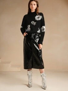 Anewsta Fashionable Urban Commuting Style Beaded Embroidered Loose Fit Women Sweater, Knit Pullover Fall Winter - Black - View 3