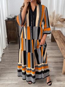 SHEIN LUNE Plus Size Casual Holiday Color Block Polka Dot Print Notched Neck Flare Sleeve Dress
